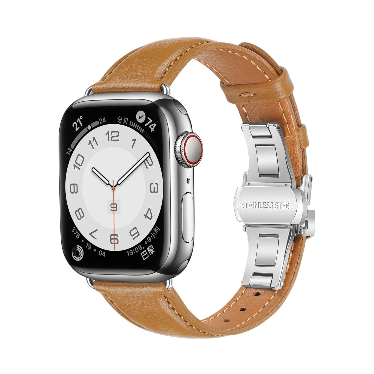 For Apple Watch Series 8 45mm Plain Leather Butterfly Buckle Watch Band(Brown+Silver) - free shipping - PMC TechLife - Order now!