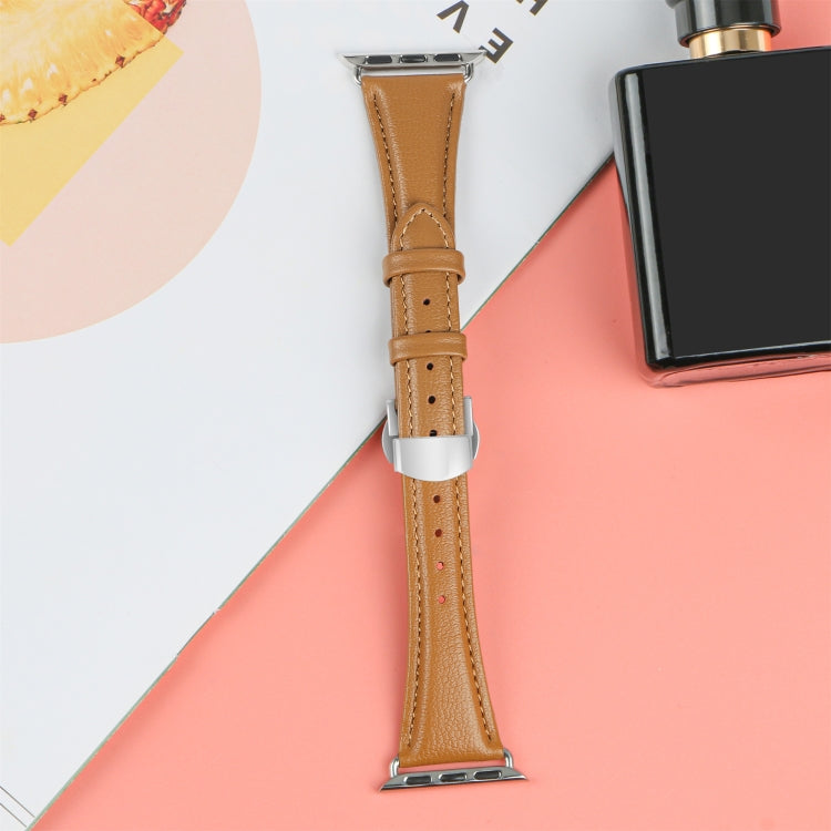 For Apple Watch Series 6 40mm Plain Leather Butterfly Buckle Watch Band(Brown+Silver) - free shipping - PMC TechLife - Order now!