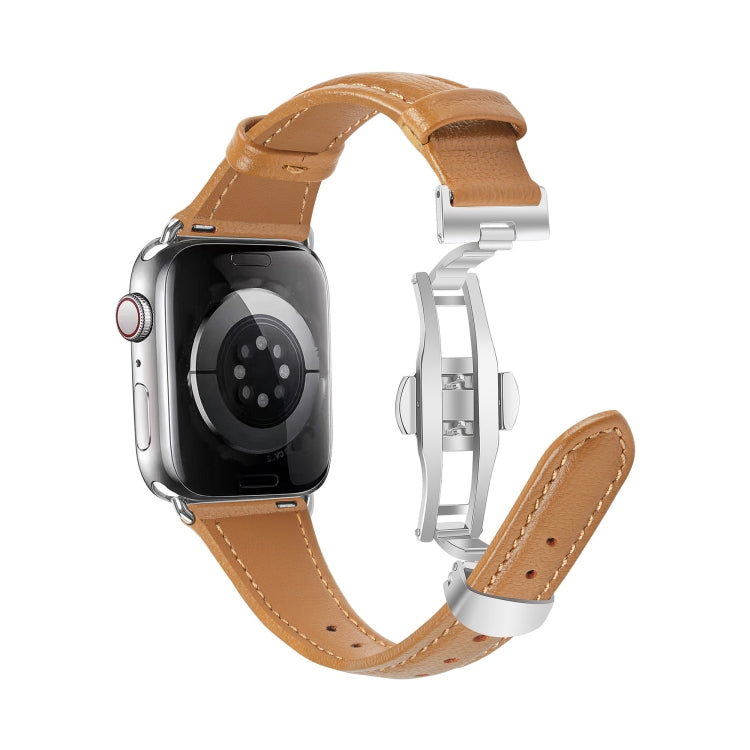 For Apple Watch Series 3 42mm Plain Leather Butterfly Buckle Watch Band(Brown+Silver) - free shipping - PMC TechLife - Order now!