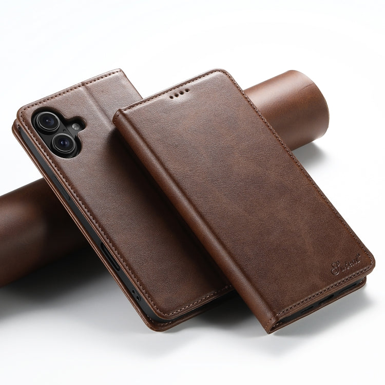 For iPhone 16 Plus Suteni Calf Texture Horizontal Flip Leather Phone Case(Brown) - iPhone 16 Plus Cases by Suteni | Online Shopping South Africa | PMC Jewellery | Buy Now Pay Later Mobicred