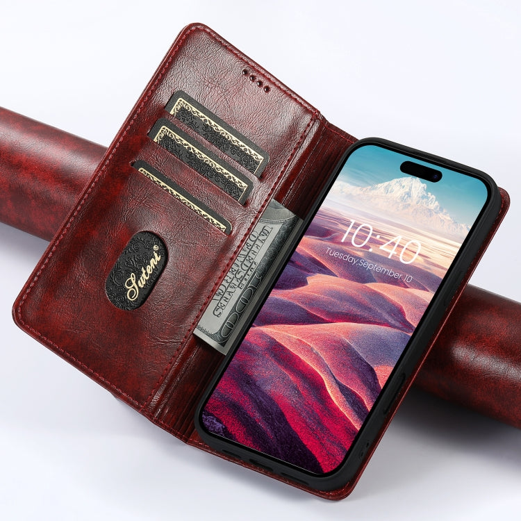 For iPhone 16 Plus Suteni Baroque Calf Texture Buckle Wallet Leather Phone Case(Red) - iPhone 16 Plus Cases by Suteni | Online Shopping South Africa | PMC Jewellery | Buy Now Pay Later Mobicred