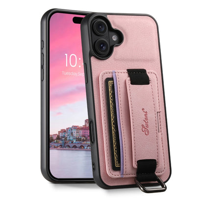 For iPhone 16 Plus Suteni H13 Litchi Leather Wrist Strap Wallet Back Phone Case(Pink) - iPhone 16 Plus Cases by Suteni | Online Shopping South Africa | PMC Jewellery | Buy Now Pay Later Mobicred