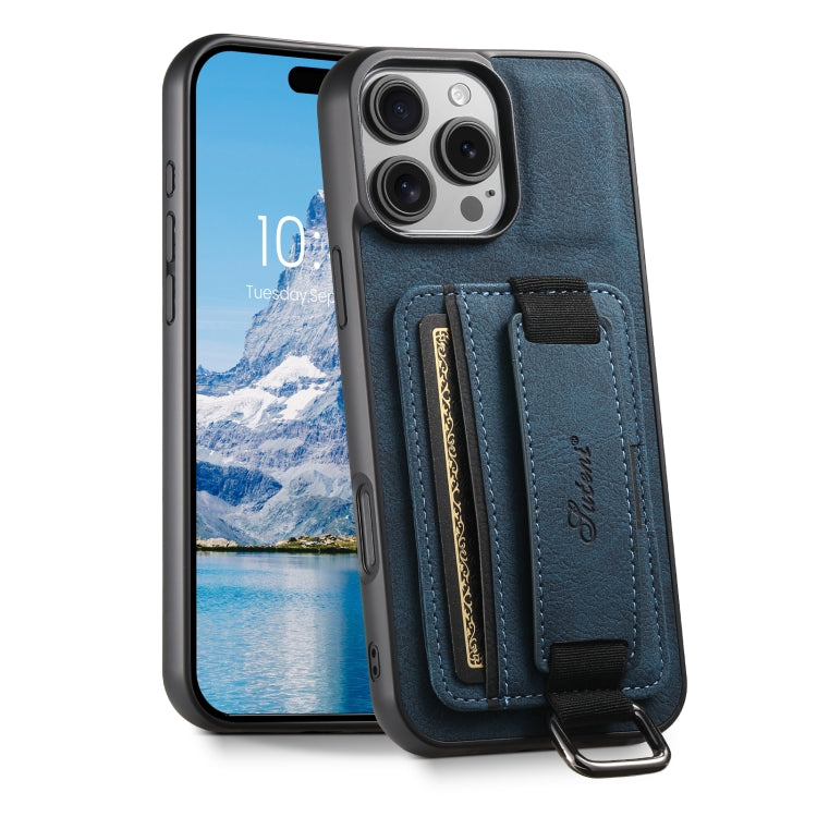 For iPhone 16 Pro Suteni H13 Litchi Leather Wrist Strap Wallet Back Phone Case(Blue) - iPhone 16 Pro Cases by Suteni | Online Shopping South Africa | PMC Jewellery | Buy Now Pay Later Mobicred