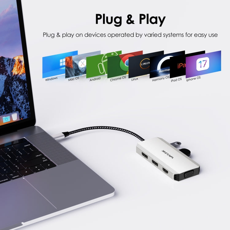 WAVLINK WL-UMD307 Type-C to 2DP + 4K HD + VGA + 3 x USB2.0 HUB Docking Station - free shipping - PMC Jewellery - Order now!