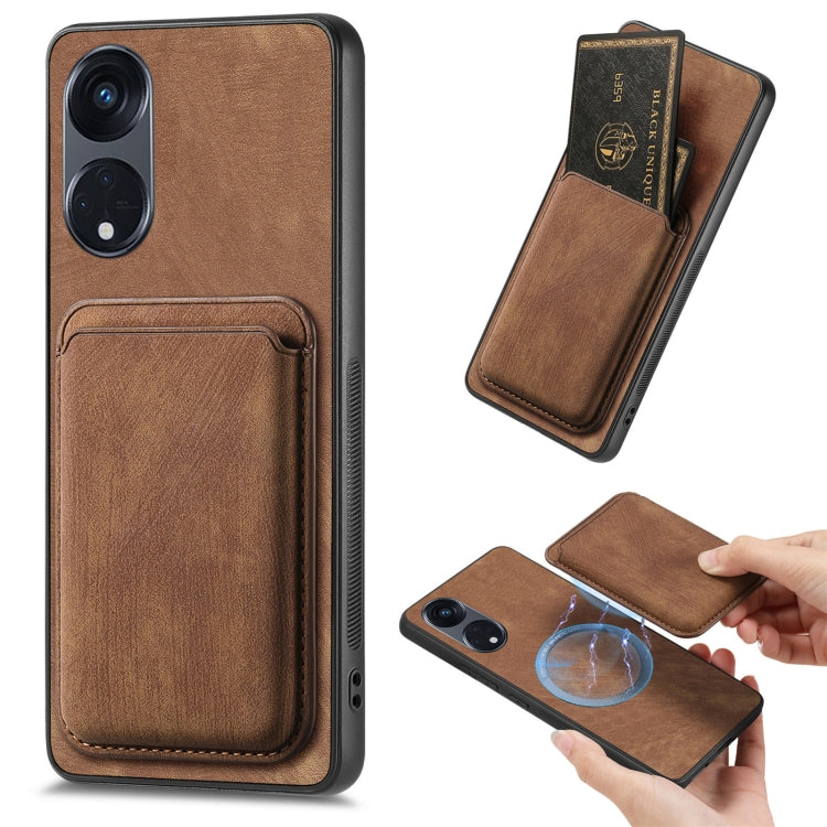 For OPPO Reno8 T 5G Retro Leather Card Bag Magnetic Phone Case(Brown) - OPPO Cases by PMC Jewellery | Online Shopping South Africa | PMC Jewellery | Buy Now Pay Later Mobicred