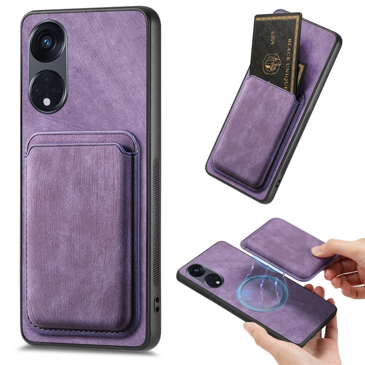 For OPPO Reno8 T 5G Retro Leather Card Bag Magnetic Phone Case(Purple) - OPPO Cases by PMC Jewellery | Online Shopping South Africa | PMC Jewellery | Buy Now Pay Later Mobicred