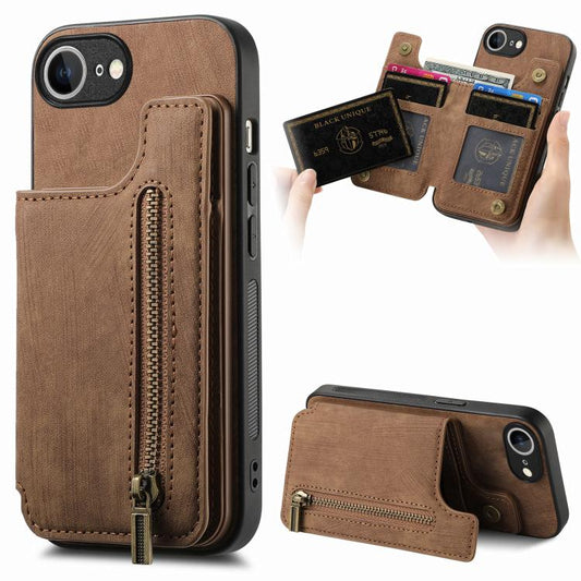 For iPhone 16e Retro Leather Zipper Wallet Back Phone Case(Brown) - iPhone 16e Cases by PMC Jewellery | Online Shopping South Africa | PMC Jewellery | Buy Now Pay Later Mobicred