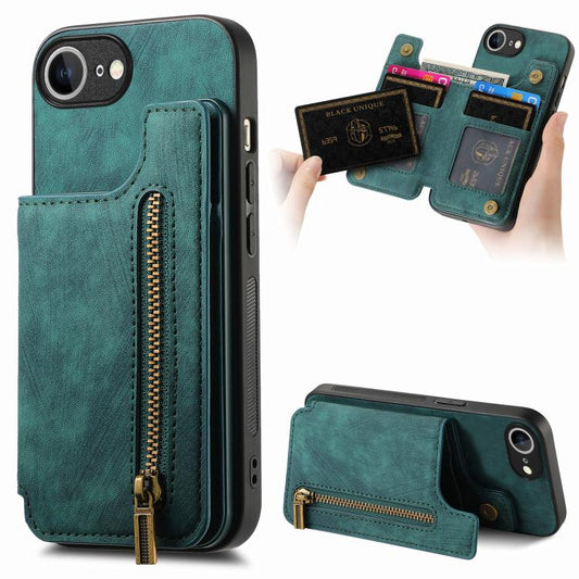 For iPhone 16e Retro Leather Zipper Wallet Back Phone Case(Green) - iPhone 16e Cases by PMC Jewellery | Online Shopping South Africa | PMC Jewellery | Buy Now Pay Later Mobicred