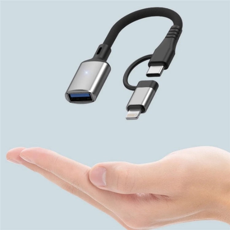 JS-112 2 in 1 USB Male to USB-C / Type-C / 8 Pin OTG Adapter Cable, Length: 15cm(Black) - Converter & Adapter by PMC Jewellery | Online Shopping South Africa | PMC Jewellery | Buy Now Pay Later Mobicred