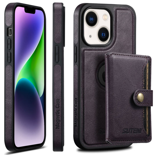 For iPhone 14 Plus Suteni M1 Oil Wax MagSafe Detachable Horizontal Card Bag Phone Case(Purple) - iPhone 14 Plus Cases by Suteni | Online Shopping South Africa | PMC Jewellery | Buy Now Pay Later Mobicred