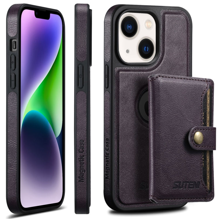 For iPhone 14 Suteni M1 Oil Wax MagSafe Detachable Horizontal Card Bag Phone Case(Purple) - iPhone 14 Cases by Suteni | Online Shopping South Africa | PMC Jewellery | Buy Now Pay Later Mobicred