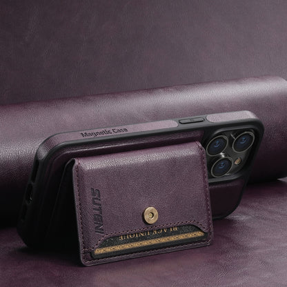 For iPhone 14 Suteni M1 Oil Wax MagSafe Detachable Horizontal Card Bag Phone Case(Purple) - iPhone 14 Cases by Suteni | Online Shopping South Africa | PMC Jewellery | Buy Now Pay Later Mobicred