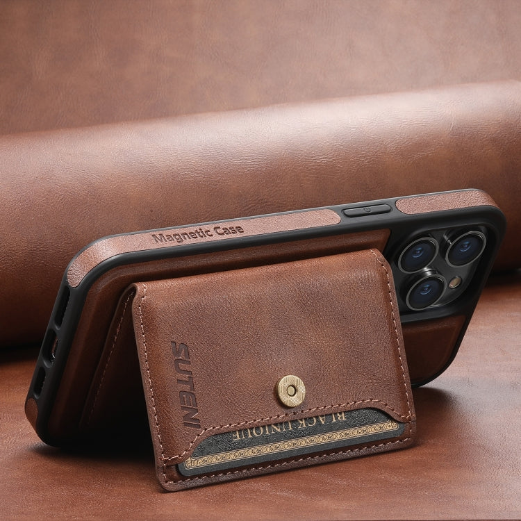 For iPhone 13 Suteni M1 Oil Wax MagSafe Detachable Horizontal Card Bag Phone Case(Brown) - iPhone 13 Cases by Suteni | Online Shopping South Africa | PMC Jewellery | Buy Now Pay Later Mobicred