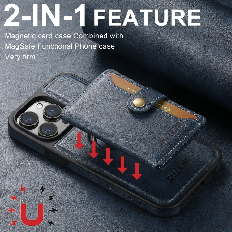 For iPhone 16 Pro Suteni M1 Oil Wax MagSafe Detachable Horizontal Card Bag Phone Case(Blue) - iPhone 16 Pro Cases by Suteni | Online Shopping South Africa | PMC Jewellery | Buy Now Pay Later Mobicred