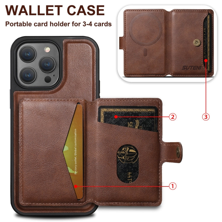 For iPhone 15 Plus Suteni M1 Oil Wax MagSafe Detachable Horizontal Card Bag Phone Case(Brown) - iPhone 15 Plus Cases by Suteni | Online Shopping South Africa | PMC Jewellery | Buy Now Pay Later Mobicred