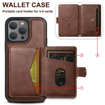 For iPhone 15 Plus Suteni M1 Oil Wax MagSafe Detachable Horizontal Card Bag Phone Case(Brown) - iPhone 15 Plus Cases by Suteni | Online Shopping South Africa | PMC Jewellery | Buy Now Pay Later Mobicred