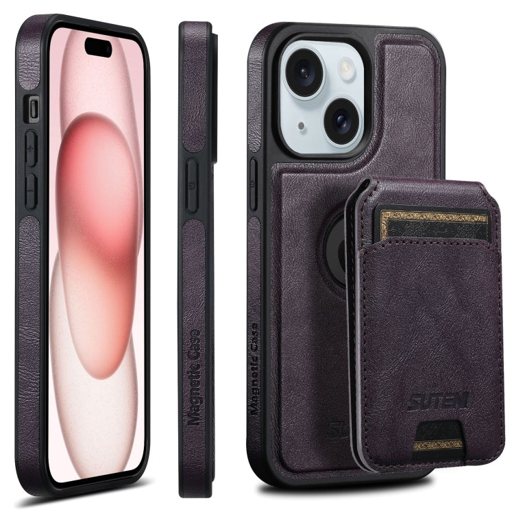 For iPhone 15 Suteni M2 Oil Wax MagSafe Horizontal Card Bag Phone Case(Purple) - iPhone 15 Cases by Suteni | Online Shopping South Africa | PMC Jewellery | Buy Now Pay Later Mobicred