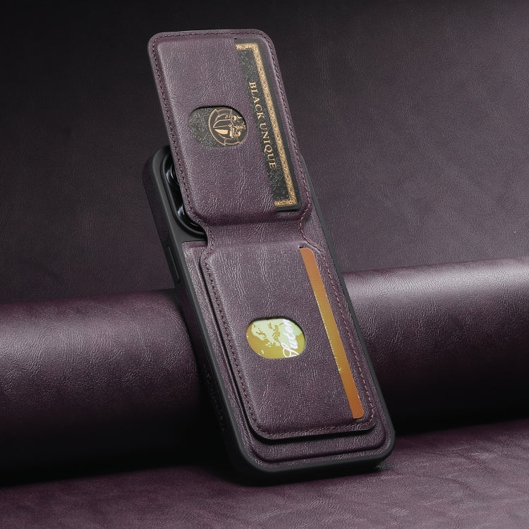 For iPhone 13 Suteni M2 Oil Wax MagSafe Horizontal Card Bag Phone Case(Purple) - iPhone 13 Cases by Suteni | Online Shopping South Africa | PMC Jewellery | Buy Now Pay Later Mobicred