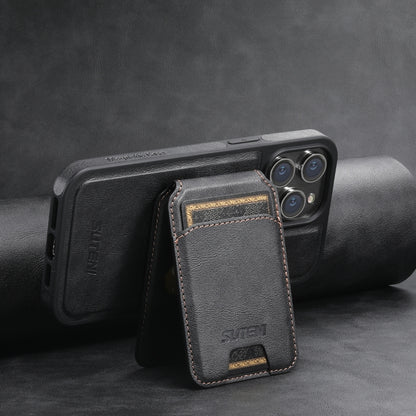 For iPhone 12  Suteni M2 Oil Wax MagSafe Horizontal Card Bag Phone Case(Black) - iPhone 12 / 12 Pro Cases by Suteni | Online Shopping South Africa | PMC Jewellery | Buy Now Pay Later Mobicred