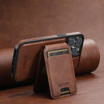 For iPhone 12  Suteni M2 Oil Wax MagSafe Horizontal Card Bag Phone Case(Brown) - iPhone 12 / 12 Pro Cases by Suteni | Online Shopping South Africa | PMC Jewellery | Buy Now Pay Later Mobicred