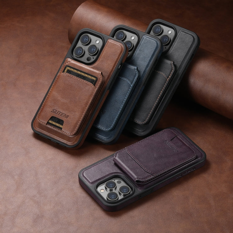 For iPhone 12 Pro Suteni M2 Oil Wax MagSafe Horizontal Card Bag Phone Case(Brown) - iPhone 12 / 12 Pro Cases by Suteni | Online Shopping South Africa | PMC Jewellery | Buy Now Pay Later Mobicred