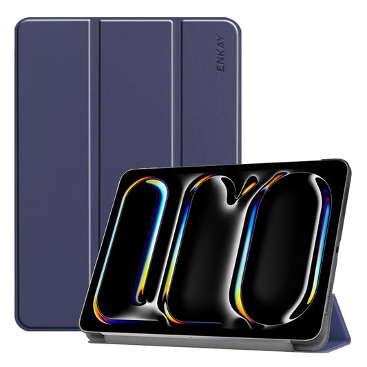 For iPad Pro 11 2024 ENKAY Tri-fold Custer Texture Platic Leather Smart Tablet Case(Dark Blue) - iPad Pro 11 2024 Cases by ENKAY | Online Shopping South Africa | PMC Jewellery | Buy Now Pay Later Mobicred