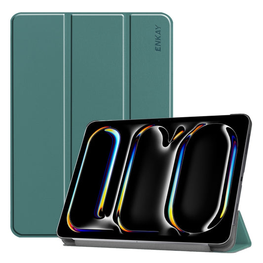 For iPad Pro 11 2024 ENKAY Tri-fold Custer Texture Platic Leather Smart Tablet Case(Dark Green) - iPad Pro 11 2024 Cases by ENKAY | Online Shopping South Africa | PMC Jewellery | Buy Now Pay Later Mobicred