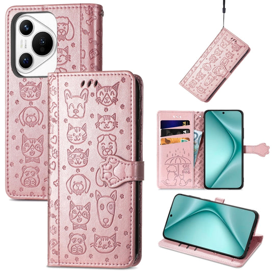 For Huawei Pura 70 Cat and Dog Embossed Leather Phone Case(Rose Gold) - Huawei Cases by PMC Jewellery | Online Shopping South Africa | PMC Jewellery | Buy Now Pay Later Mobicred