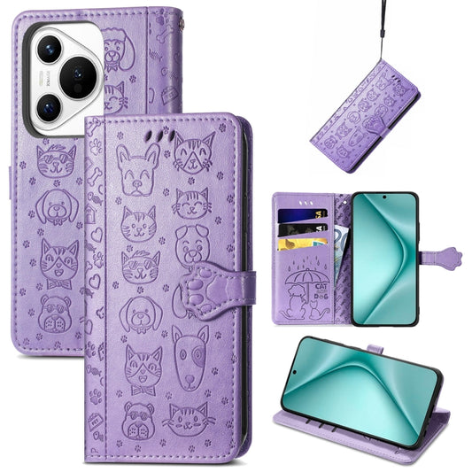 For Huawei Pura 70 Pro Cat and Dog Embossed Leather Phone Case(Purple) - Huawei Cases by PMC Jewellery | Online Shopping South Africa | PMC Jewellery | Buy Now Pay Later Mobicred