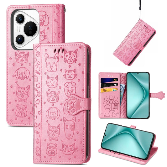 For Huawei Pura 70 Pro+ Cat and Dog Embossed Leather Phone Case(Pink) - Huawei Cases by PMC Jewellery | Online Shopping South Africa | PMC Jewellery | Buy Now Pay Later Mobicred