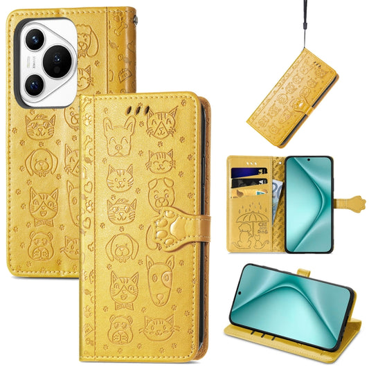 For Huawei Pura 70 Pro+ Cat and Dog Embossed Leather Phone Case(Yellow) - Huawei Cases by PMC Jewellery | Online Shopping South Africa | PMC Jewellery | Buy Now Pay Later Mobicred