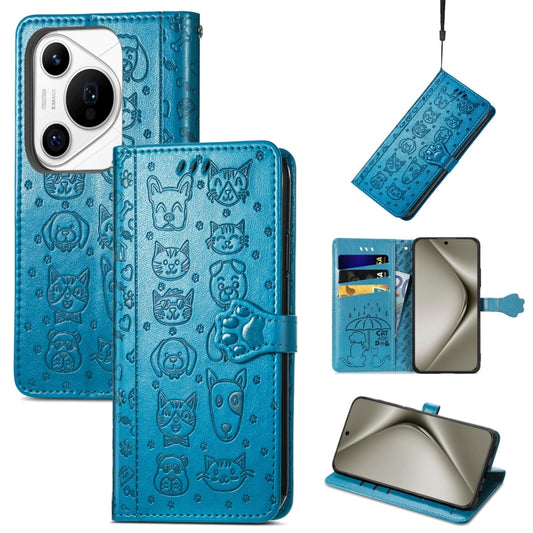 For Huawei Pura 70 Ultra Cat and Dog Embossed Leather Phone Case(Blue) - Huawei Cases by PMC Jewellery | Online Shopping South Africa | PMC Jewellery | Buy Now Pay Later Mobicred