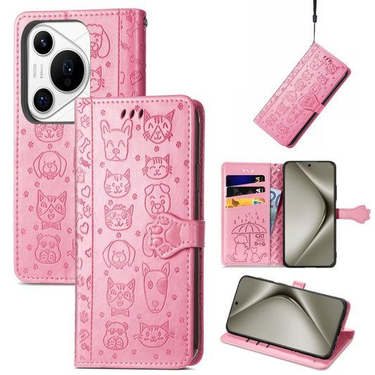 For Huawei Pura 70 Ultra Cat and Dog Embossed Leather Phone Case(Pink) - Huawei Cases by PMC Jewellery | Online Shopping South Africa | PMC Jewellery | Buy Now Pay Later Mobicred