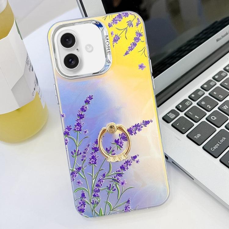 For iPhone 16 Plus Electroplating Laser Flower Ring Holder TPU Phone Case(Lavender AH14) - iPhone 16 Plus Cases by PMC TechLife | Online Shopping South Africa | PMC TechLife | Buy Now Pay Later Mobicred