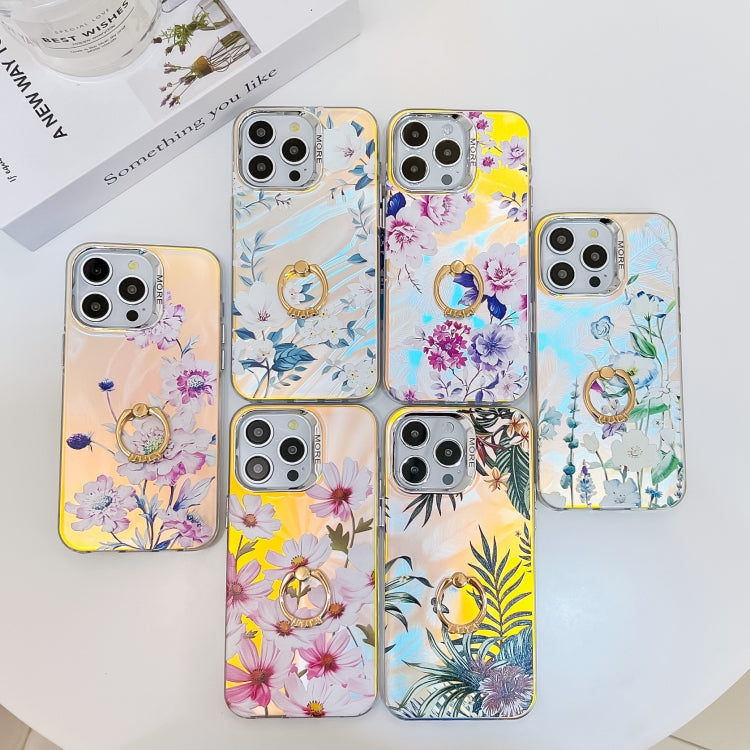 For iPhone 16 Electroplating Laser Flower Ring Holder TPU Phone Case(Leaves AH12) - iPhone 16 Cases by PMC TechLife | Online Shopping South Africa | PMC TechLife | Buy Now Pay Later Mobicred