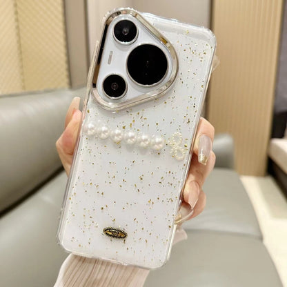 For Huawei Pura 70 Gold Foil Pearl Bow TPU Phone Case(Gold Foil Pearl) - Huawei Cases by PMC Jewellery | Online Shopping South Africa | PMC Jewellery | Buy Now Pay Later Mobicred