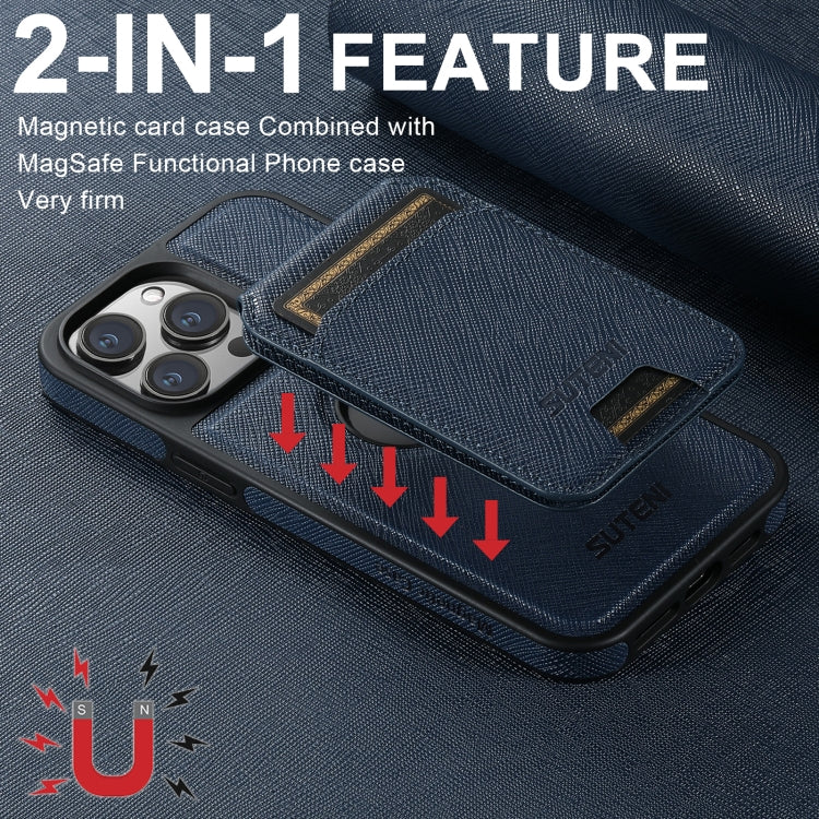 For iPhone 15 Suteni M2 Cross-Grain MagSafe Vertical Card Back Phone Case(Blue) - iPhone 15 Cases by Suteni | Online Shopping South Africa | PMC Jewellery | Buy Now Pay Later Mobicred