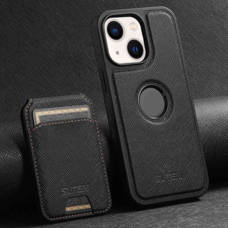 For iPhone 14 Plus Suteni M2 Cross-Grain MagSafe Vertical Card Back Phone Case(Black) - iPhone 14 Plus Cases by Suteni | Online Shopping South Africa | PMC Jewellery | Buy Now Pay Later Mobicred