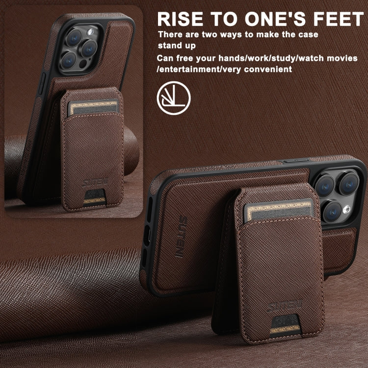 For iPhone 14 Suteni M2 Cross-Grain MagSafe Vertical Card Back Phone Case(Brown) - iPhone 14 Cases by Suteni | Online Shopping South Africa | PMC Jewellery | Buy Now Pay Later Mobicred