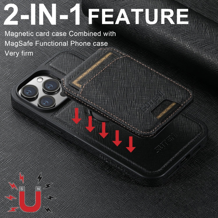 For iPhone 12 Pro Max Suteni M2 Cross-Grain MagSafe Vertical Card Back Phone Case(Black) - iPhone 12 Pro Max Cases by Suteni | Online Shopping South Africa | PMC Jewellery | Buy Now Pay Later Mobicred