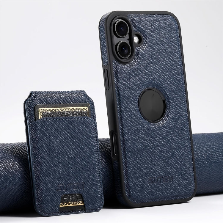 For iPhone 16 Suteni M2 Cross-Grain MagSafe Vertical Card Back Phone Case(Blue) - iPhone 16 Cases by Suteni | Online Shopping South Africa | PMC Jewellery | Buy Now Pay Later Mobicred