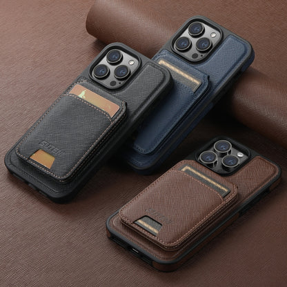 For iPhone 12 Suteni M2 Cross-Grain MagSafe Vertical Card Back Phone Case(Brown) - iPhone 12 / 12 Pro Cases by Suteni | Online Shopping South Africa | PMC Jewellery | Buy Now Pay Later Mobicred