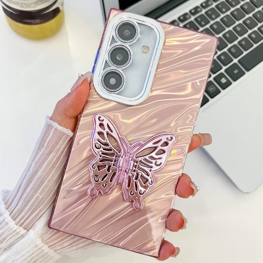 For Samsung Galaxy S25+ 5G Plating Glitter Texture Butterfly Holder TPU Phone Case with Lens Film(Pink Water Ripples) - Galaxy S25+ 5G Cases by PMC Jewellery | Online Shopping South Africa | PMC Jewellery | Buy Now Pay Later Mobicred