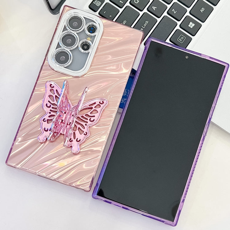 For Samsung Galaxy S25 5G Plating Glitter Texture Butterfly Holder TPU Phone Case with Lens Film(Purple Feather Yarn) - Galaxy S25 5G Cases by PMC Jewellery | Online Shopping South Africa | PMC Jewellery | Buy Now Pay Later Mobicred