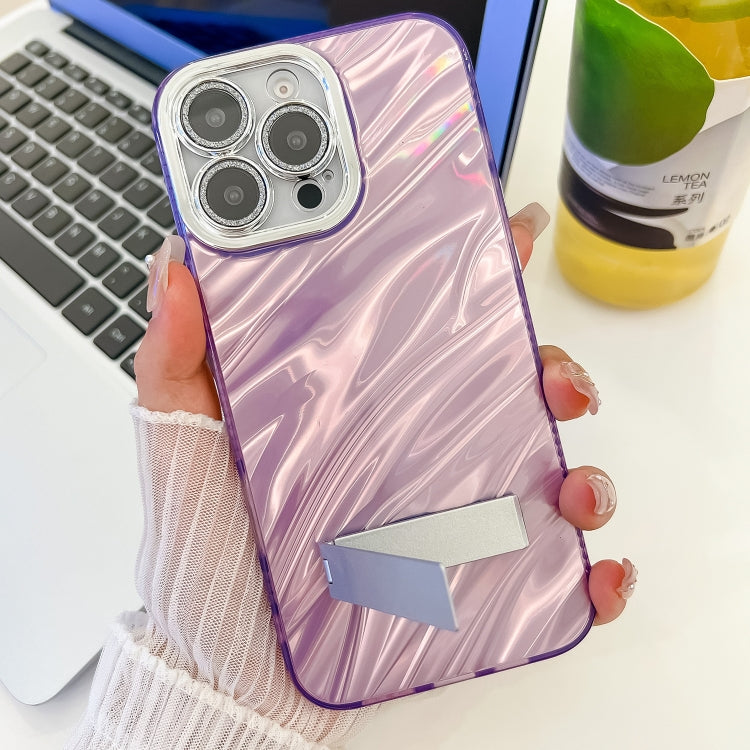 For iPhone 16e Plating Glitter Texture Fold Holder TPU Phone Case with Lens Film(Pink Feather Yarn) - iPhone 16e Cases by PMC TechLife | Online Shopping South Africa | PMC TechLife | Buy Now Pay Later Mobicred