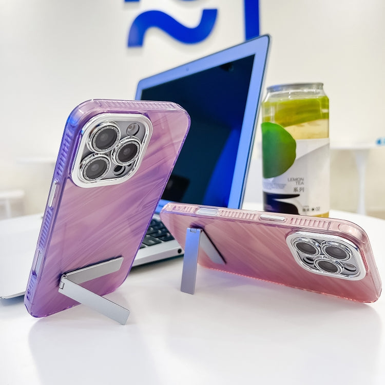 For iPhone 16e Plating Glitter Texture Fold Holder TPU Phone Case with Lens Film(Purple Water Ripples) - iPhone 16e Cases by PMC TechLife | Online Shopping South Africa | PMC TechLife | Buy Now Pay Later Mobicred