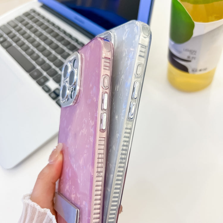 For iPhone 16e Plating Glitter Texture Fold Holder TPU Phone Case with Lens Film(Purple Water Ripples) - iPhone 16e Cases by PMC TechLife | Online Shopping South Africa | PMC TechLife | Buy Now Pay Later Mobicred