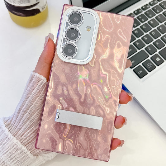 For Samsung Galaxy S25 5G Plating Glitter Texture Fold Holder TPU Phone Case with Lens Film(Pink Wrinkles) - Galaxy S25 5G Cases by PMC Jewellery | Online Shopping South Africa | PMC Jewellery | Buy Now Pay Later Mobicred