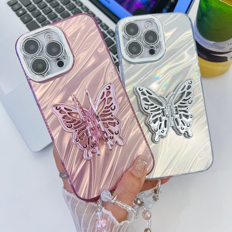 For iPhone 16 Pro Plating Glitter Lens Film Texture Butterfly Holder Wristband Phone Case(White Feathers) - iPhone 16 Pro Cases by PMC Jewellery | Online Shopping South Africa | PMC Jewellery | Buy Now Pay Later Mobicred