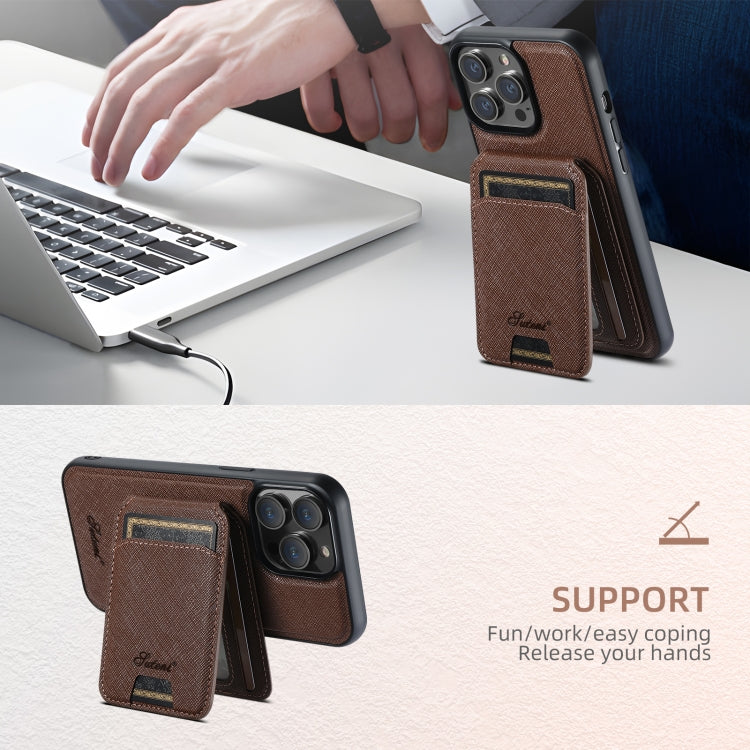 For iPhone 15 Pro Suteni H18 Cross Grain MagSafe Wallet Leather Phone Case(Brown) - iPhone 15 Pro Cases by Suteni | Online Shopping South Africa | PMC Jewellery | Buy Now Pay Later Mobicred